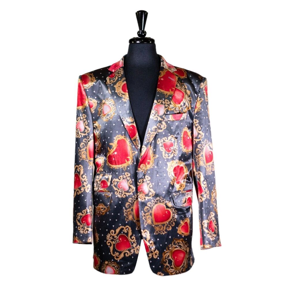 Mens Blazer Gray Red Gold Hearts Velvet Luxury Formal Suit Jacket Sport Coat 42R